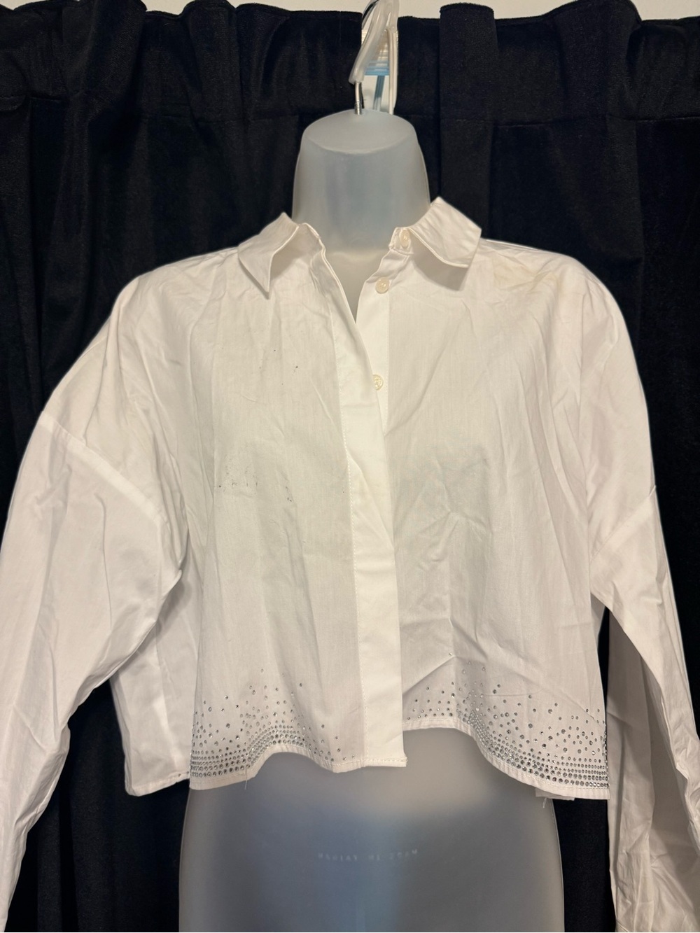 Zara White Cropped Button-Down Shirt with Eyelet Hem